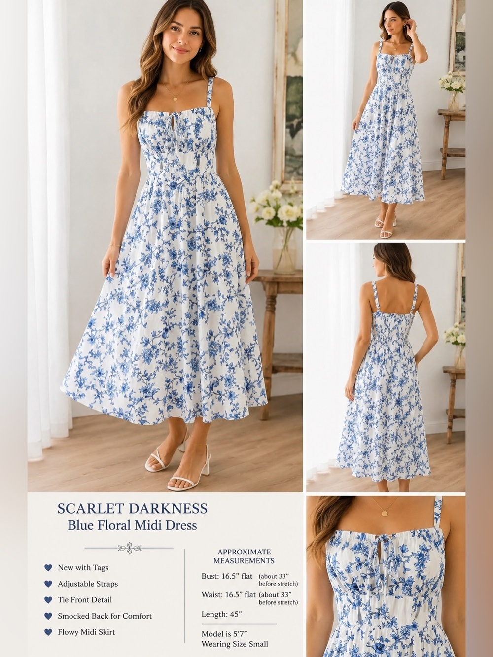 NWT Scarlet Darkness Blue White Floral Cottagecore Midi Dress Romantic Size M